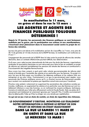 [Tract intersyndical] En manifestation le 11 mars, en grève et dans la rue le 15 mars : Les agentes et agents des Finances Publiques toujours déterminés !